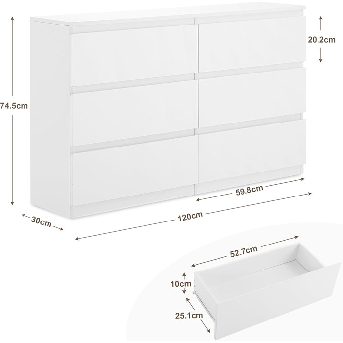 Комод Sweetcrispy, білий буфет з 6 шухлядами, 1203075 см, багато місця для зберігання речей для вітальні, коридору та спальні, сучасний комод білий 120 30 75 см