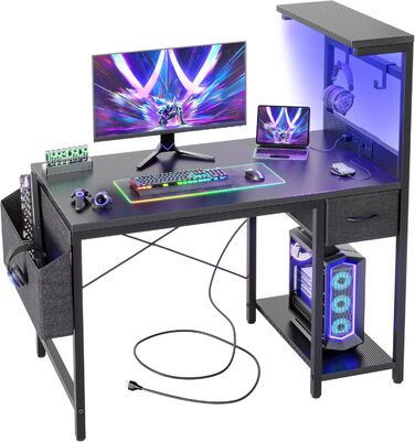 Ігровий стіл BEXEVUE LED 100x50 см з карбоновою стільницею, з шухлядою, кишенею та 2 гачками для навушників, комп&39ютерний стіл з розетками, чорний 100 x 50 см, чорний карбон
