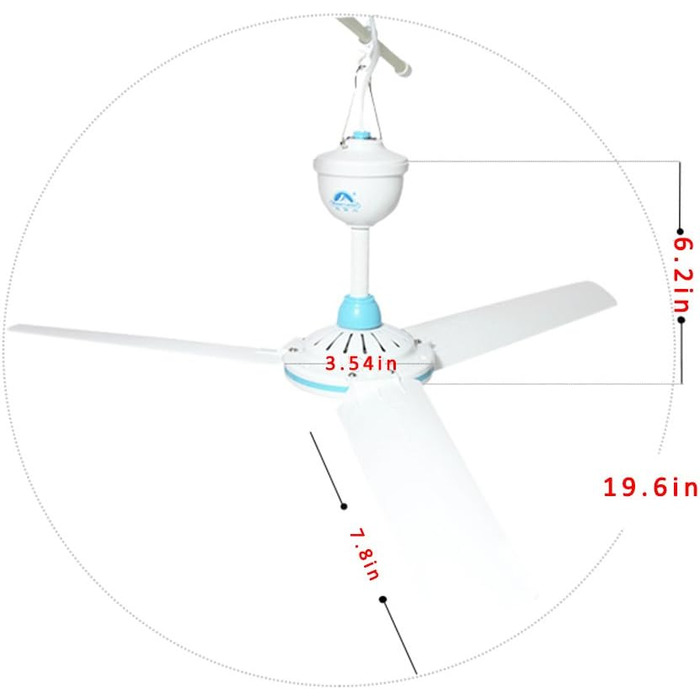 Стельовий вентилятор ShiningLove DC 12 В, діаметр 19,7 дюйма, довжина лопаті 7,87 дюйма Вентилятори для кемпінгу для наметів, фургонів, альтанок, домашніх господарств, вентилятор для кемпінгу (білий, синій)
