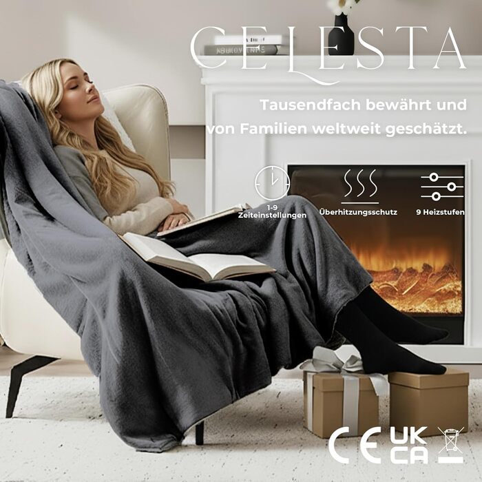 Ковдра з підігрівом CELESTA з автоматичним вимкненням, 160x120 см, 9 налаштувань нагріву, таймер 1-9 годин, фланель, фліс, можна прати в пральній машині - для дивана, ліжка та офісу, темно-сіра, 160 x 120 см