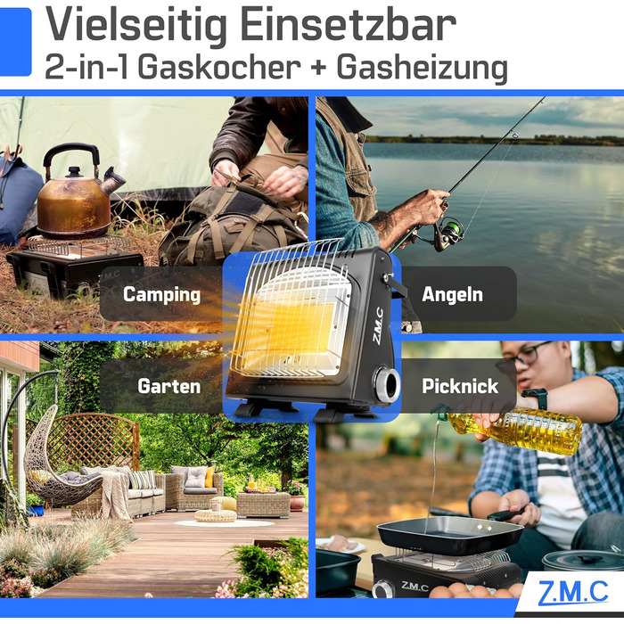 Портативний газовий обігрівач та плита ZMC 2-в-1 8 газових картриджів 227 г, кемпінговий обігрівач 1,7 кВт, ідеальне джерело тепла без електрики, газовий обігрівач для використання на вулиці, патіо, мобільний обігрівач з п&39єзорозпалом, газовий обігрівач