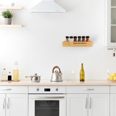 Бамбукова підставка для спецій, не потребує свердління, настінна підставка для спецій з 4 предметів, тримач для спецій можна використовувати на дверцятах шаф або холодильників, стояти або підвішувати, кріплення самоклеїться або з просвердлюванням