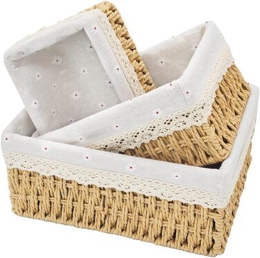 Набір кошиків із 3 предметів з кришками, плетені кошики для зберігання 3 розмірів, плетені кошики з паперової мотузки, підкладка для зберігання у ванних кімнатах, косметики, стільниць та шаф.