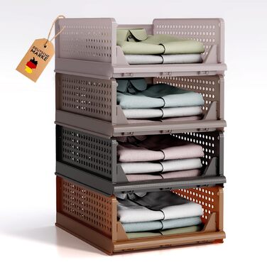 Органайзер для гардеробу, що штабелюється, складний органайзер для шафи, висувний багатофункціональний ящик для зберігання, висувні ящики для зберігання у ванній кімнаті, спальня - коричневий Rzwj02-baun, 4 шт.