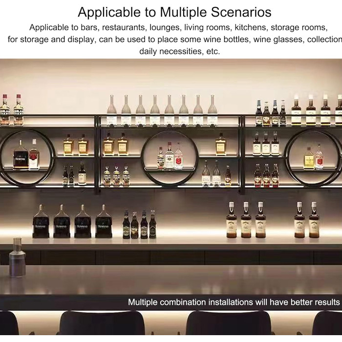Настінна металева винна полиця, вузька полиця для пляшок, барна полиця з тримачем для винних келихів, полиця для напоїв зі світлодіодним підсвічуванням, підставка для вина, меблі для їдальні, барної стійки, вітальні, кухні, домашнього бару (Nero, 140 см/5