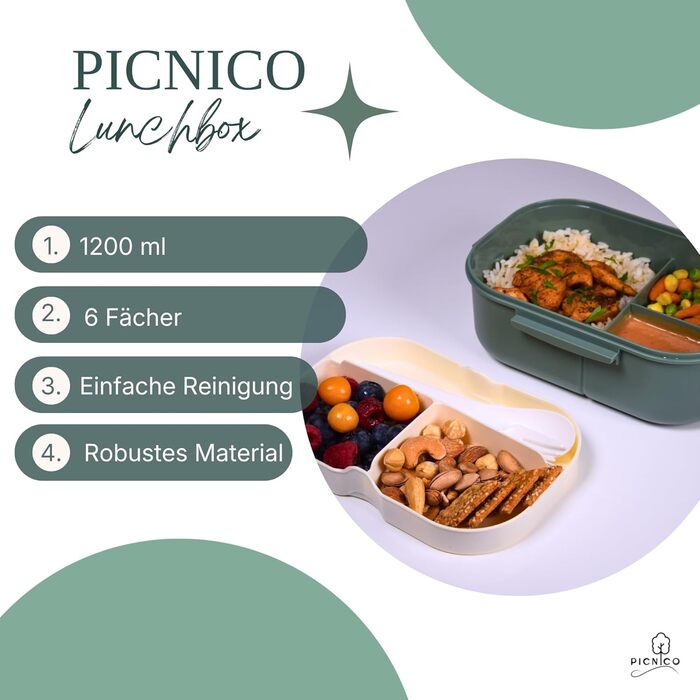 Преміум ланчбокс для дітей 1200 мл, двоповерховий, з 6 відділеннями, зелений (без BPA) контейнер для сніданків та перекусів з ложкою та виделкою ідеально підходить для дитячого садка та школи, можна мити в посудомийній машині, герметичний