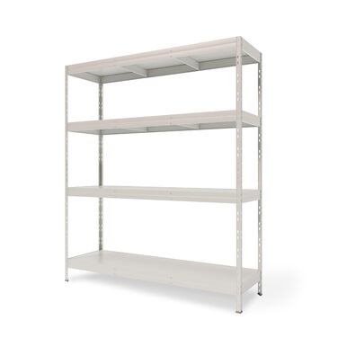 Міцний стелаж RIVETGreen XL 180x150x50 см 4 полиці HDF вантажопідйомність 700 кг металевий стелаж з переробленої сталі білий лак вставна система регульована висота екологічний та міцний