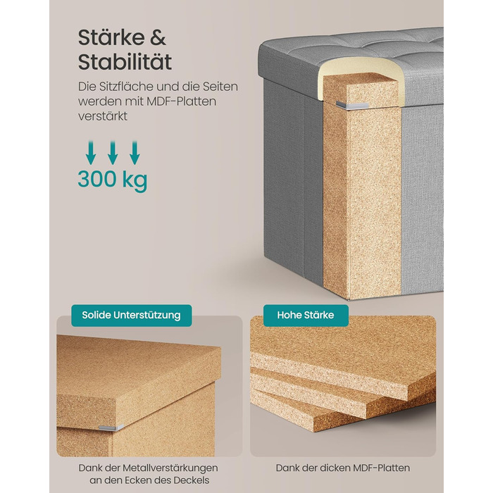 Пуф для зберігання SONGMICS, Складана лавка, Пуф для ніг 38 x 110 x 38 см, Коробка для зберігання, Вантажопідйомність до 300 кг, для вітальні, спальні, коридору, Попелясто-сірий LSF77G 110B см Попелясто-сірий