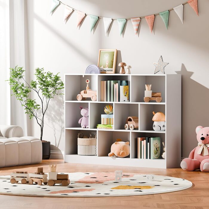 Книжкова полиця, окремостояча полиця з 3 рівнями та 10 полицями, книжкова шафа, 29,3 x 110 x 84 см, кубічна полиця для вітальні, офісу, спальні, кабінету (1, білий) Білий 1