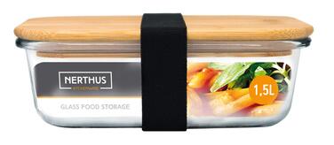 Скляна банка для зберігання продуктів Nerthus з бамбуковою кришкою, 1500 мл, боросилікатне скло, прозора