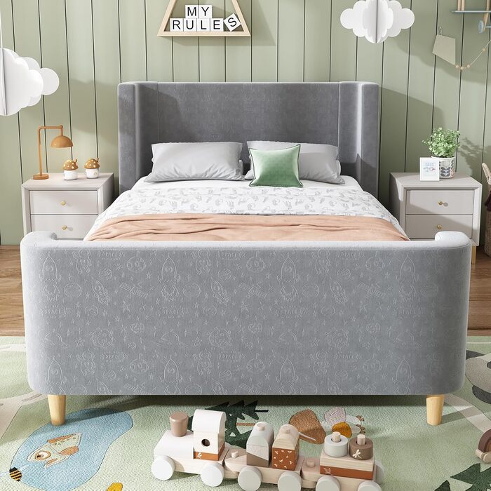 Дитяче м&39яке ліжко Merax 90x200 см, каркас одного ліжка з рейковою основою, високим узголів&39ям та ізніжжям, миле дитяче ліжко з креативним мультяшним візерунком, для хлопчиків та дівчаток, оксамит, матрац не входить до комплекту, сірий 90 x 200 см сір