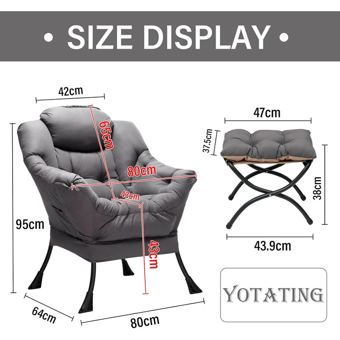 Зручне крісло з підніжкою, крісло-ліжко з оттоманкою, крісло для відпочинку, крісло для відпочинку з підлокітниками та бічною кишенею для вітальні, спальні та невеликих приміщень, темно-сірий