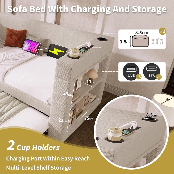 М&39який розкладний диван-ліжко 90/180x200 з USB та портом зарядки Type-C, кушетка з рейковою основою, диван-ліжко, функціональне ліжко, кушетка, без матраца, бежевий бежевий G 90x200