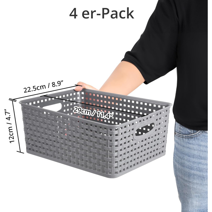 Пластикові кошики для зберігання Winter Shore, сірі 4 шт. - плетені дизайнерські кошики для зберігання речей у шафах, на кухонних полицях, під раковинах, у пральнях, спальнях, ванних кімнатах - 29 x 22,5 x 12 см