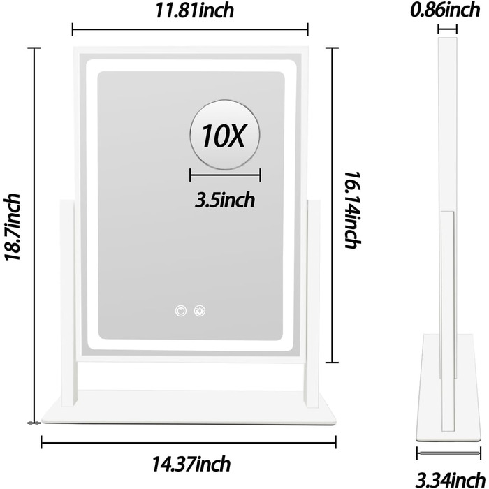 Голлівудське дзеркало для макіяжу WITFAMILY 16' x 12' з 3 режимами кольорового світла та регульованою яскравістю, настільне дзеркало 360 з 10-кратним збільшенням та вилкою ЄС, біле