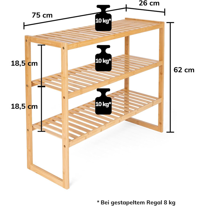 Бамбукова полиця для взуття, штабелювана полиця для ванної кімнати та кухні, натуральне покриття, 3-рівнева полиця з системою вставок, компактна, розміри Ш/Г 75x26x62 см