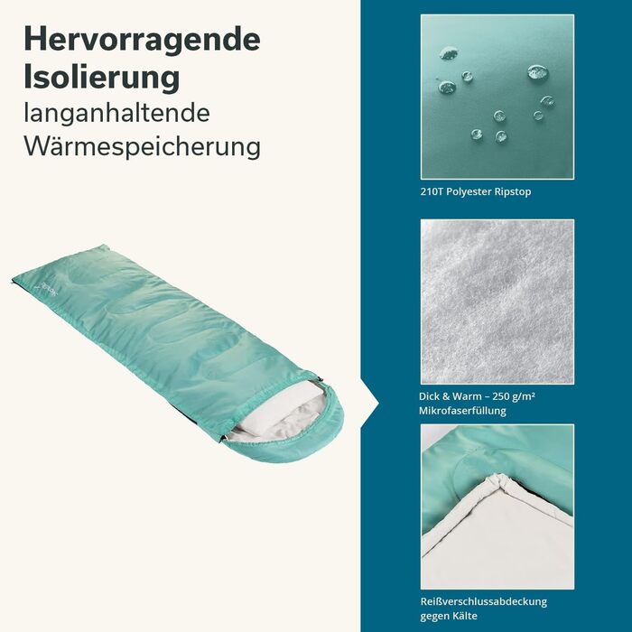 Спальний мішок Skandika Skye Blanket Спальний мішок на 3 сезони з подушкою, що з&39єднується, 220 x 75 см, наповнювач з мікрофібри 250 г/м, внутрішня кишеня, можна прати Спальні мішки для вулиці, блакитного кольору Застібка-блискавка зліва