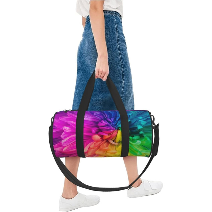 Спортивна сумка для подорожей, красивий веселковий принт з квітами та хризантемами, сумка на нічліг, чорний колір, універсальний розмір