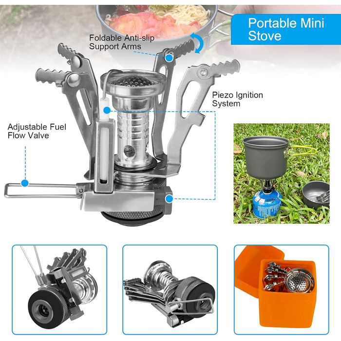 Набір посуду для кемпінгу AUTOPkio для 1-2 осіб, складний кемпінговий горщик для вулиці з газовою плитою, набір посуду для пікніка, легкий алюмінієвий набір для барбекю, походів, приготування їжі, рідкий газ, 10 предметів