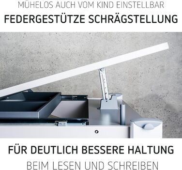 Дитячий письмовий стіл Moll Sprinter, регульований по висоті росте разом з вашою дитиною, ергономічний та нахиляється для вертикального сидіння ідеально підходить для школярів білий письмовий стіл, додаткова шухляда Зроблено в Німеччині Бічна стільниця та