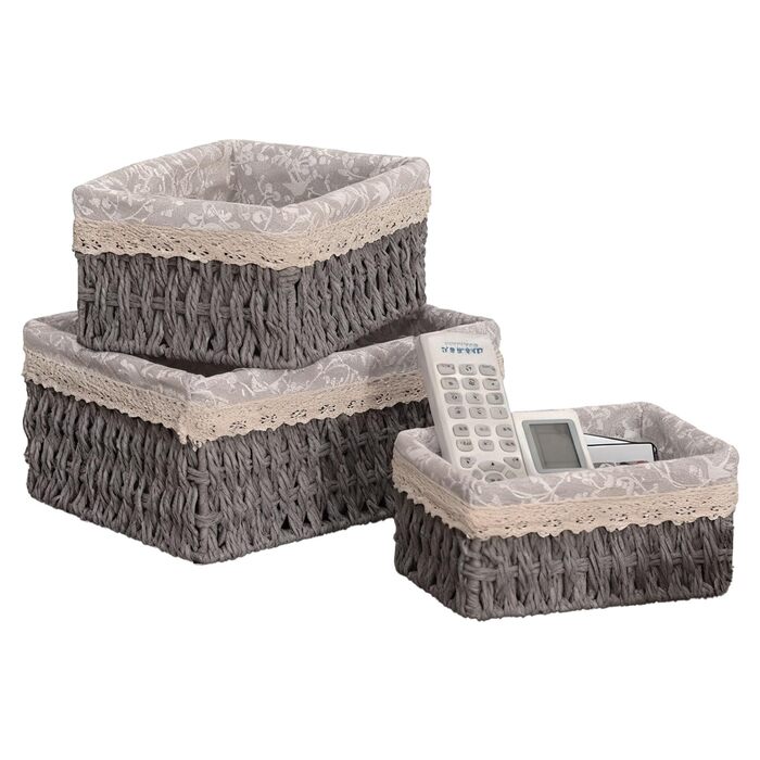 Набір кошиків для зберігання з 3 предметів, плетені кошики для зберігання в стилі бохо, декоративні кошики для дому, офісу, ванної кімнати та спальні (сірий)