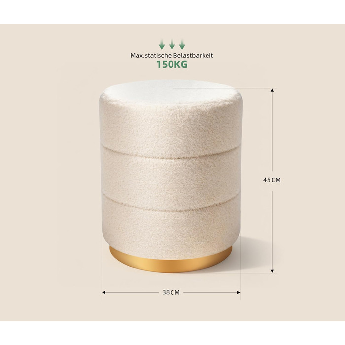 Пуф Zedelmaier Teddy, круглий м&39який табурет для туалетного столика, пуф для ніг з подушкою для сидіння, для вітальні, спальні та коридору, 38x45 бежевий табурет без місця для зберігання 38x45 бежевий Teddy