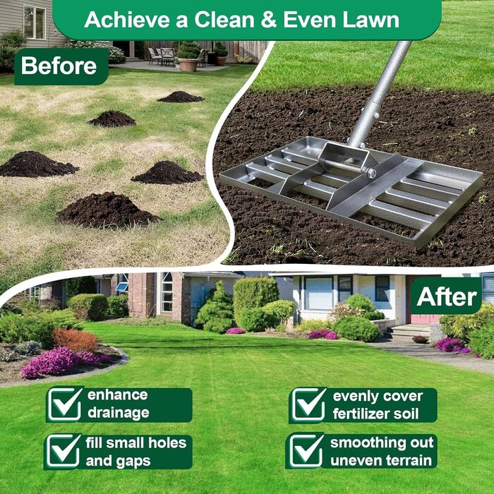 Вирівнювач газону Расен 43x26 см, міцний граблі для вирівнювання трави з гладкою кромкою та ручкою 145 см, інструмент для вирівнювання газону, саду, піску, ґрунту та підживлення 43 x 26 см