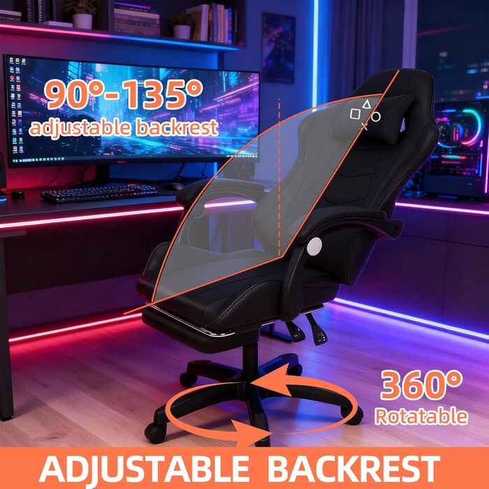 Ергономічне ігрове крісло FRANKYSTAR Clutch з поперековою подушкою, підголівником та підставкою для ніг з ПВХ, чорного кольору