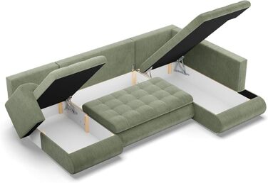 Кутовий диван з функцією сну та 3 відділеннями для зберігання FORESTA 300x89x200 (ШxВxГ) Cord - Зелений - Пуф правий Кутовий диван, U-подібний диван, диван для вітальні, дивани та кушетки, кутовий розкладний диван правий Cord - Зелений (Poso 047)