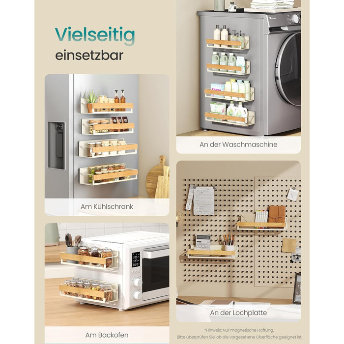 Магнітна полиця для спецій SONGMICS, набір з 4 шт. , 2 великі та 2 малі полиці, органайзер для спецій без свердління, магнітна полиця, для кухні, холодильника, мікрохвильової печі, пральної машини, кремово-білий-натуральний бежевий KCS062WD01 Кремово-біли