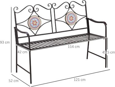 Лавка Outsunny Garden Metal, 2-місна паркова лавка зі спинкою, підлокітником, лавка з мозаїчними каменями для саду, балкона, макс. 220 кг, коричнева, 121 х 52 х 93 см