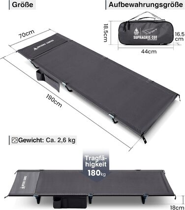 Складане похідне ліжко, портативне кемпінгове ліжко, легке, складне кемпінгове ліжко до 180 кг для намету, для активного відпочинку на природі, для подорожей, саду, офісу (190 70 18 см) сірого кольору