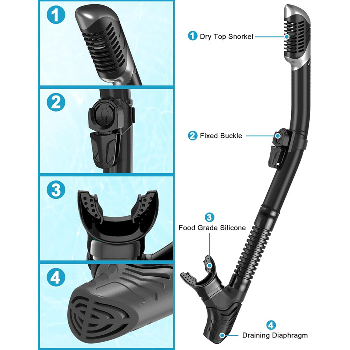 Набір для сноркелінгу Karvipark для дорослих, набір для сноркелінгу з маскою для дайвінгу та сухим сноркелем, маска для дайвінгу із захистом від протікання та запотівання, професійне спорядження для сноркелінгу, плавання та дайвінгу, колір чорний