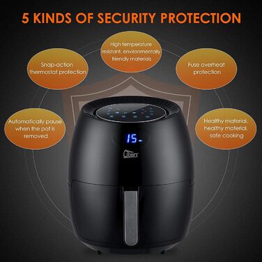 Фритюрниця з гарячим повітрям, фритюрниця Uten 6.5 л XXL з цифровим світлодіодним сенсорним екраном, 8 програм, попередній нагрів і підтримання тепла, кошик для смаження з антипригарним покриттям, без жиру, 1800 Вт 6.5 л із сенсорним екраном Чорний-1