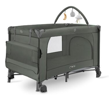 Дитяче та дитяче дорожнє ліжечко MoMi BELOVE PLUS 2-в-1, складне, 2 рівні для сну для немовлят до 9 кг та дітей до 15 кг з дитячим матрацом, ігровою ручкою, пеленальний килимок та сумка для перенесення, темно-зелений