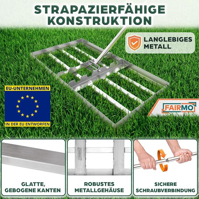 Зручний металевий рівняльник для газону (75x35 см) від Fairmo для насиченого зеленого газону - рівняльник для газону з ручкою 2 метри - інструмент для догляду за газоном з вирівнюючими зубцями - широкий граблі для піскування газону