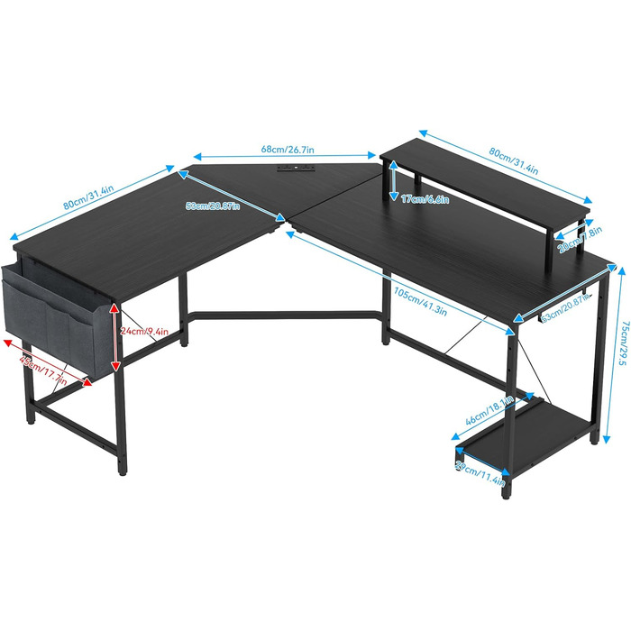 Ігровий стіл L-подібної форми 160x135 см - кутовий стіл з підставкою для монітора та відділенням для зберігання 2 розетки 2 USB-порти комп&39ютерний стіл