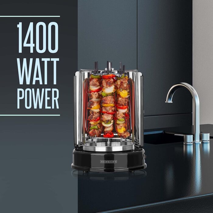 Шашличний гриль HEINRICHS для дому, шашлик гриль гриль з курки гірос шашлик, гриль гриль, електрогриль, барбекю, настільний гриль, вертикальний гриль з нержавіючої сталі в т.ч. 6 шашликів для шашлику, Heinrich's