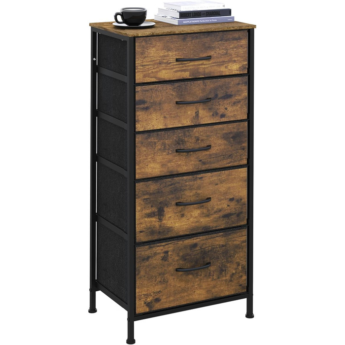 Комод WOLTU з 5 тканинними шухлядами, сервант, комод, для спальні, вітальні, коридору, металевий каркас, матеріал дерево, вінтажний дерев&39яний вигляд чорного кольору SSK004hov вінтажний дерев&39яний вигляд чорного кольору 1