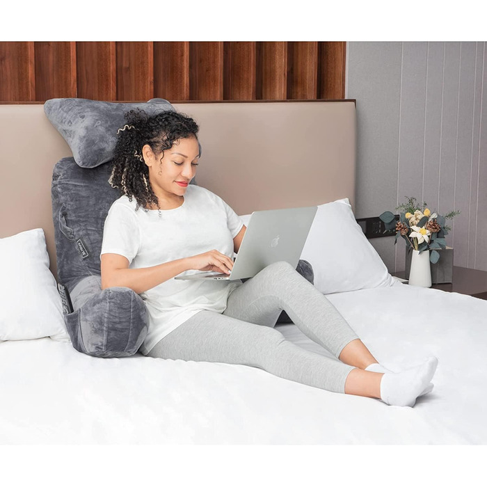 Подушка для читання, подушка для ліжка зі знімним потиличним валиком та вищим підлокітником для сидіння в ліжку, на дивані або підлозі, подушка для читання, подушка для спини для дорослих для читання, перегляду телевізора, темно-сіра 2