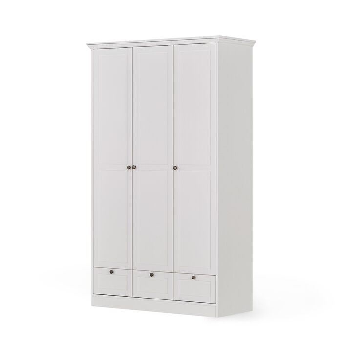 Шафа-купе KHG з орними дверима, біла, 3 двері, 3 шухляди, 1 вішалка для одягу, 5 полиць з регульованою висотою, цоколь, шафа в сільському стилі, 3-дверна