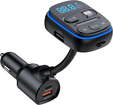 Передавач Автомобільний Bluetooth, HIDOU Бездротовий Bluetooth 5.0 Автомобільний стереоадаптер Приймач Автомобільний комплект з басами, 7 кольорів світла, QC3.0 PD 30 Вт швидка зарядка, голосовий асистент Siri, дзвінок у режимі гучного зв'язку, MP3-плеєр