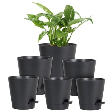 Набір із 6 самополивних квіткових горщиків, 20,3/17,8/16,5/15,2/14/12,7 см, горщики для рослин із системою поливу, кашпо з блюдцем, набір квіткових горщиків, ідеально підходить для кімнатних та балконних садів, чисто чорний колір