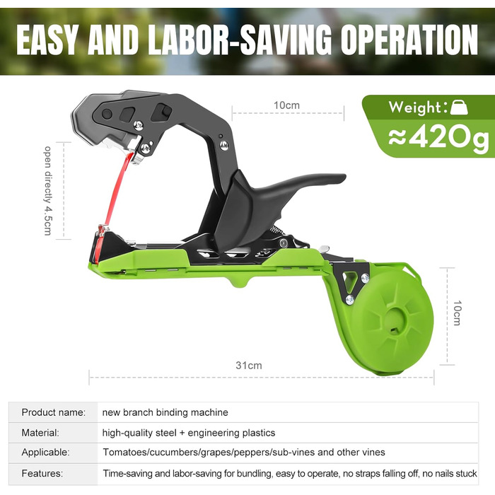 Плоскогубці для обв&39язування рослин, машина для обв&39язування рослин 420 г, машина для обв&39язування рослин з 10 000 скобами та 20 рулонами зеленої клейкої стрічки SJ-B13G