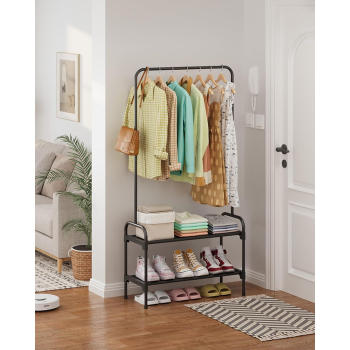 Вішалка для одягу - штанга для одягу з нековзними ніжками, шафа-стійка з 2-рівневим органайзером для взуття, вішалка для одягу для спальні, передпокою, 74 x 30 x 150 см, чорна 74 x 30 x 150 см чорна