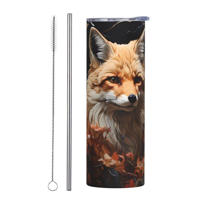 Кухоль з прямою трубочкою, принтом лисиці та квітів, дорожній кухоль, підходить для кемпінгу, офісу та дому, 590 мл