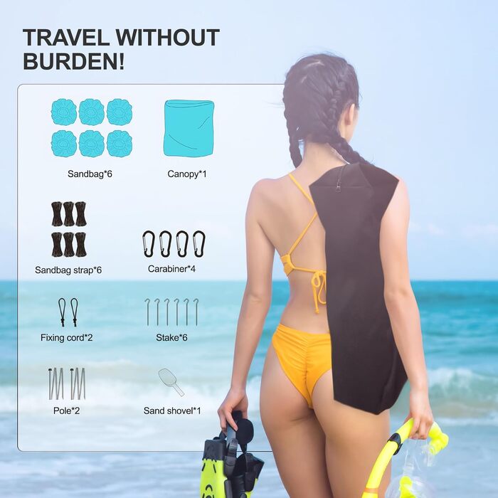 Портативний сонцезахисний намет з 2 стійками, пляжний намет для захисту від сонця, сонцезахисний тент для пляжу, саду, кемпінгу, патіо, 215x200 см (2*2 м), 2 стійки