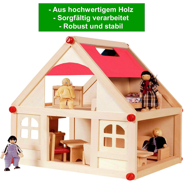 Дерев&39яний ляльковий будиночок Іззі з 2 поверхами, 4 ляльками та 9 предметами меблів Ручка для перенесення (Дитячий ляльковий будиночок з 2 поверхами, меблями та аксесуарами) - (38 x 27 x 39 см) 2-поверховий ляльковий будиночок