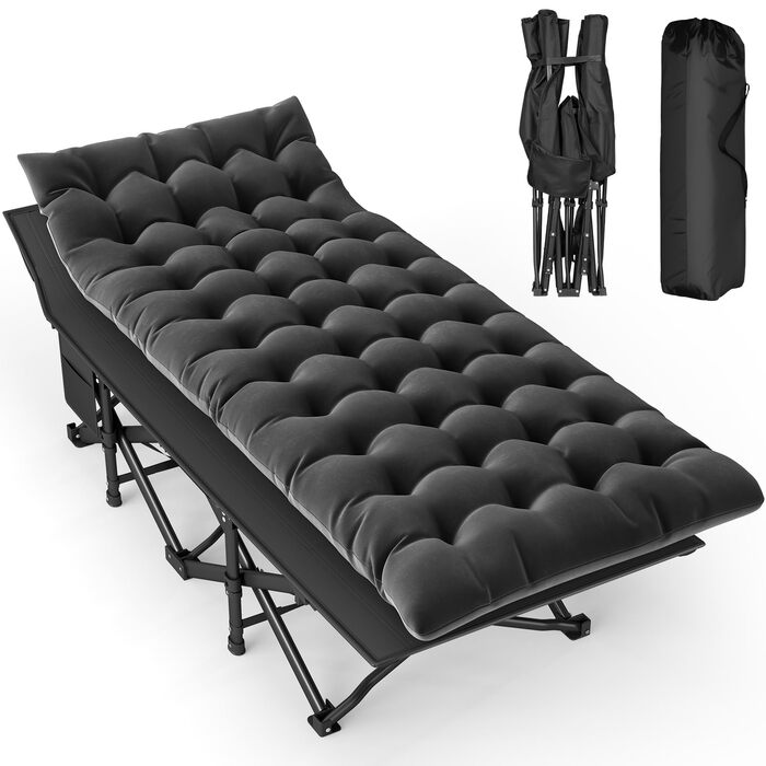 Розкладне похідне ліжко з матрацом, туристичне ліжко, легке, до 208 кг, гостьове ліжко, складне з сумкою для перенесення, сталеве туристичне ліжко для дорослих, для вулиці, приміщень, саду, подорожей, розкладне ліжко, чорне XL 190x735см