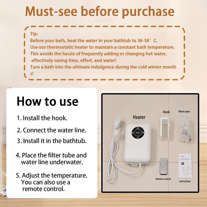 Занурювальний водонагрівач з термостатом - нагрівач для ванни потужністю 1200 Вт, інтелектуальне керування температурою 3043 C, із захистом від перегріву та дистанційним керуванням, може підтримувати гарячу воду на постійній температурі. M Білий